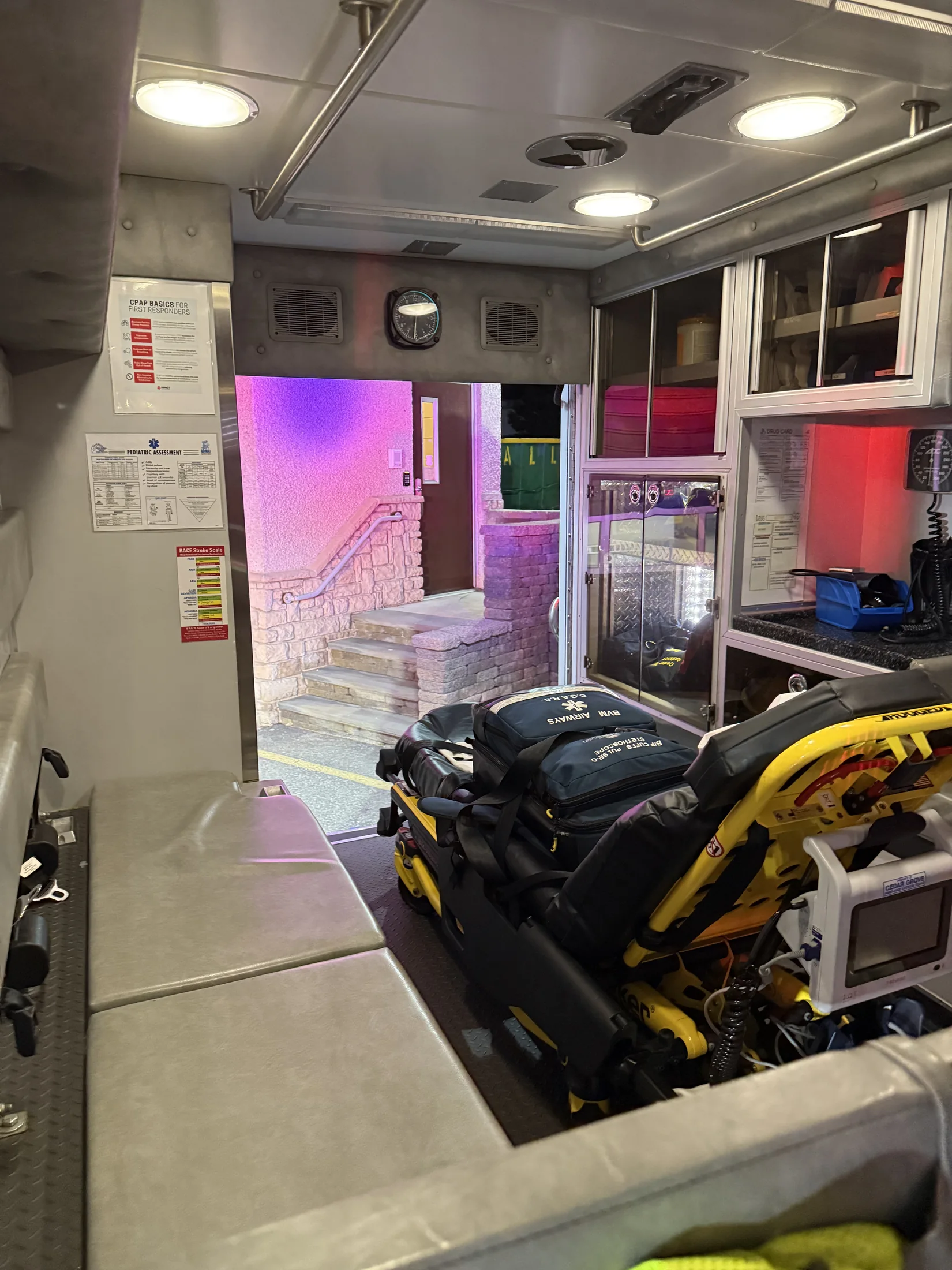 Ambulance interior prepared with stretcher and equipment